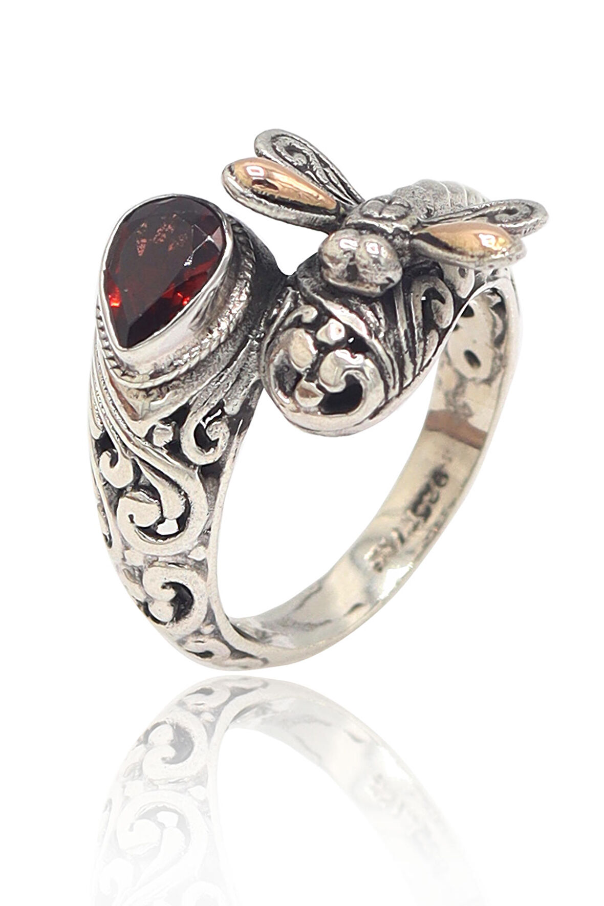 Yakut Taşlı Yaldızlı El işi 925 Ayar Kadın Gümüş Yüzük 201022726