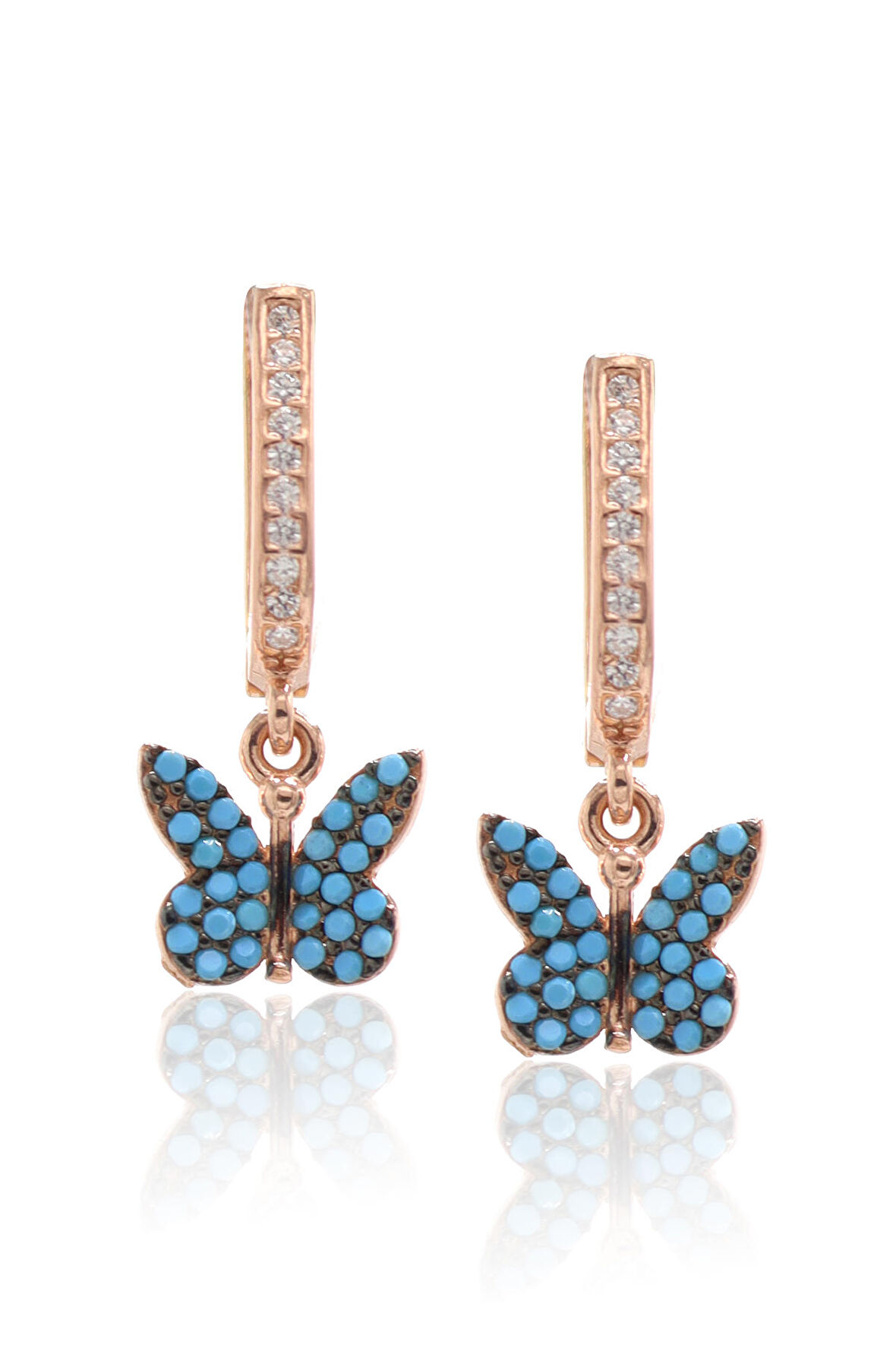 Kelebek Model Firuze Taşlı Rose Kaplama Kadın Gümüş Küpe 201022757