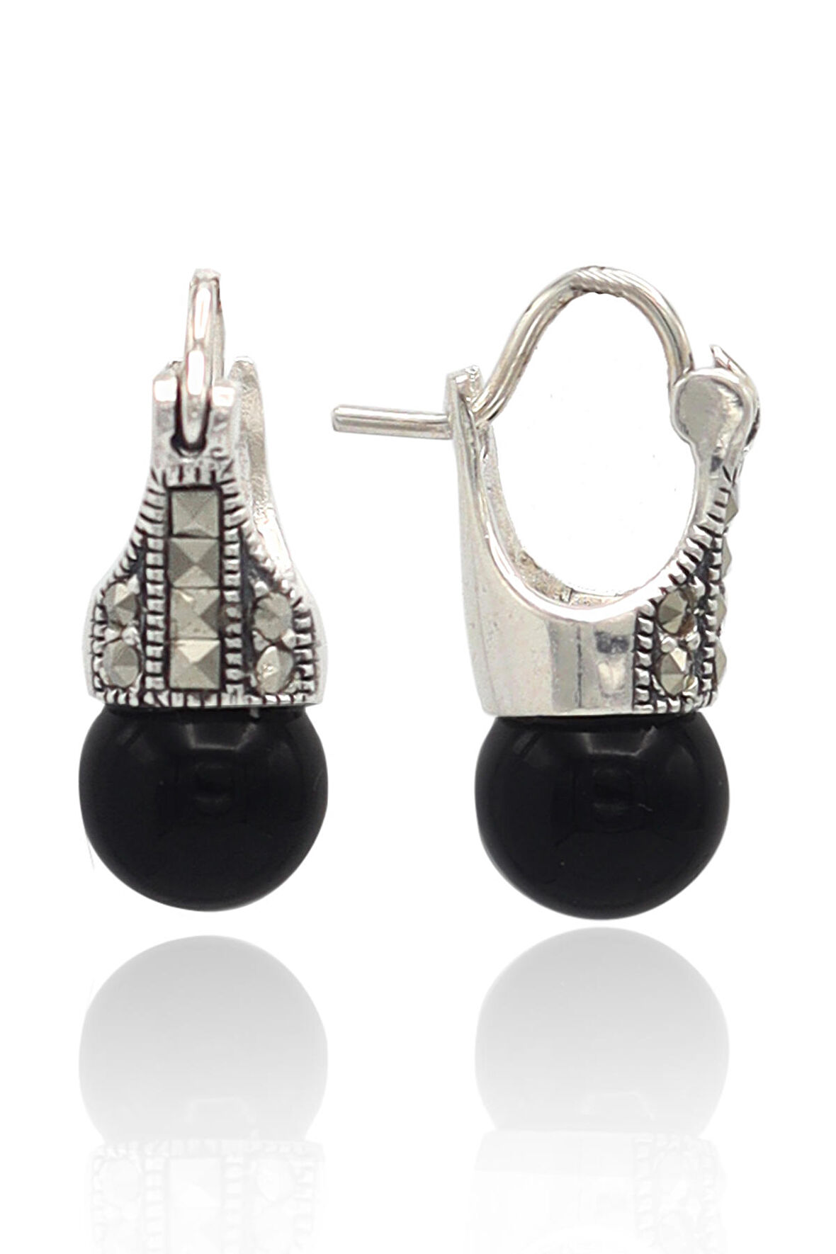 Oniks ve Markazit Taşlı 925 Ayar Kadın Gümüş Küpe 201022869