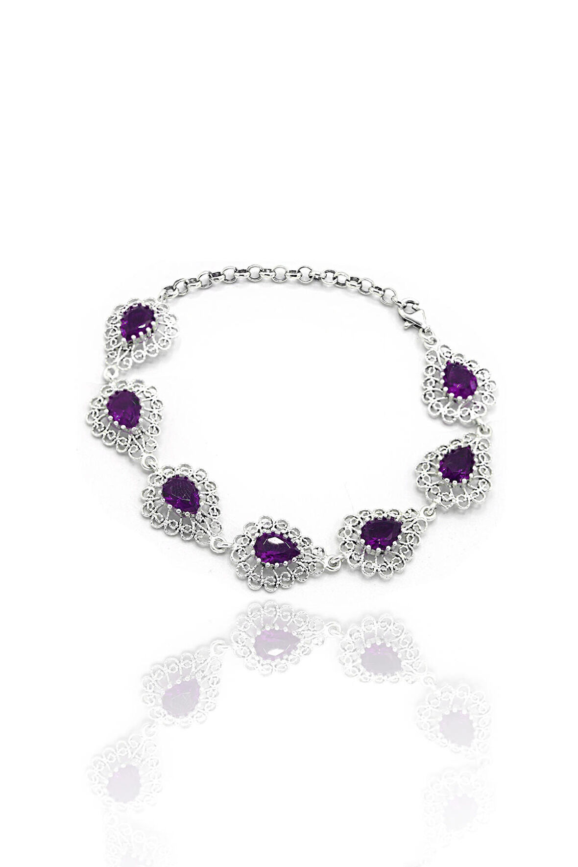 Ametist Taşlı Damla Model 925 Ayar Gümüş Telkari Bileklik 201023136