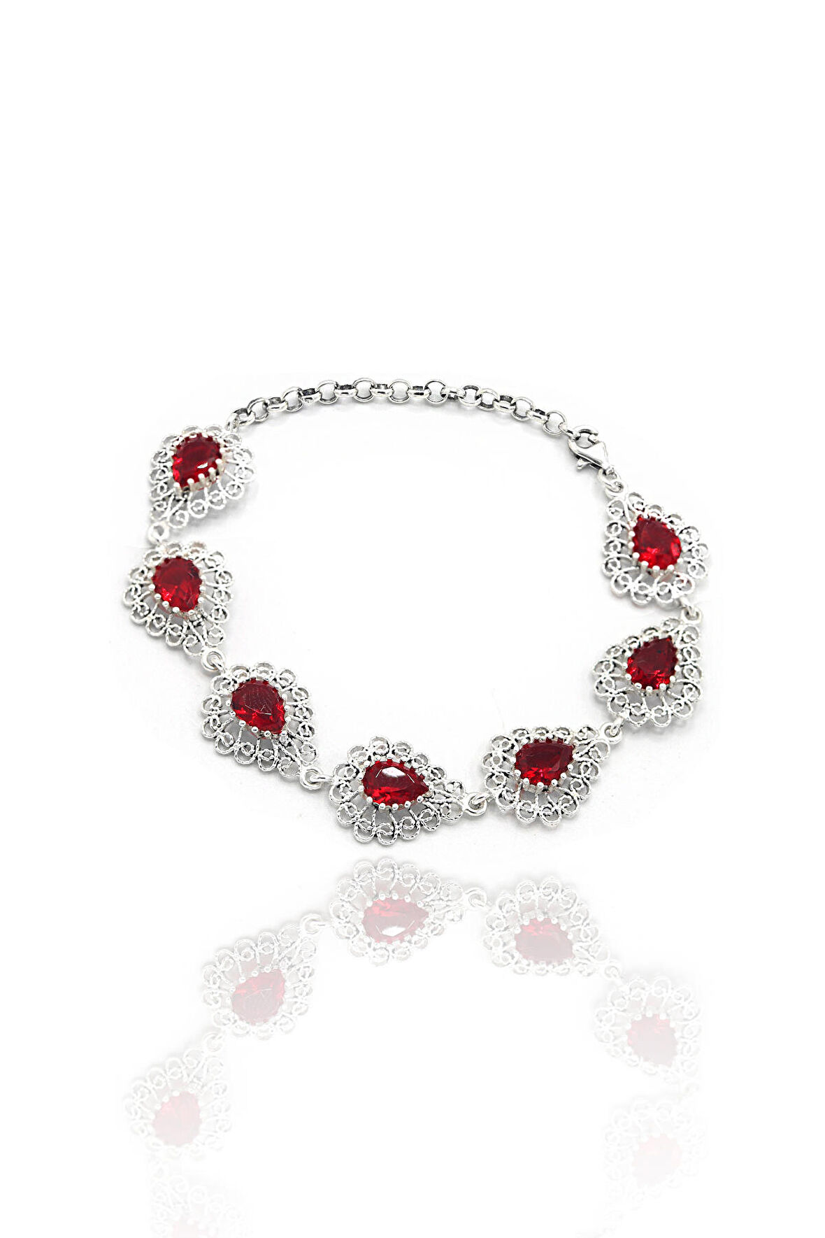 Yakut Taşlı Damla Model 925 Ayar Gümüş Telkari Bileklik 201023140