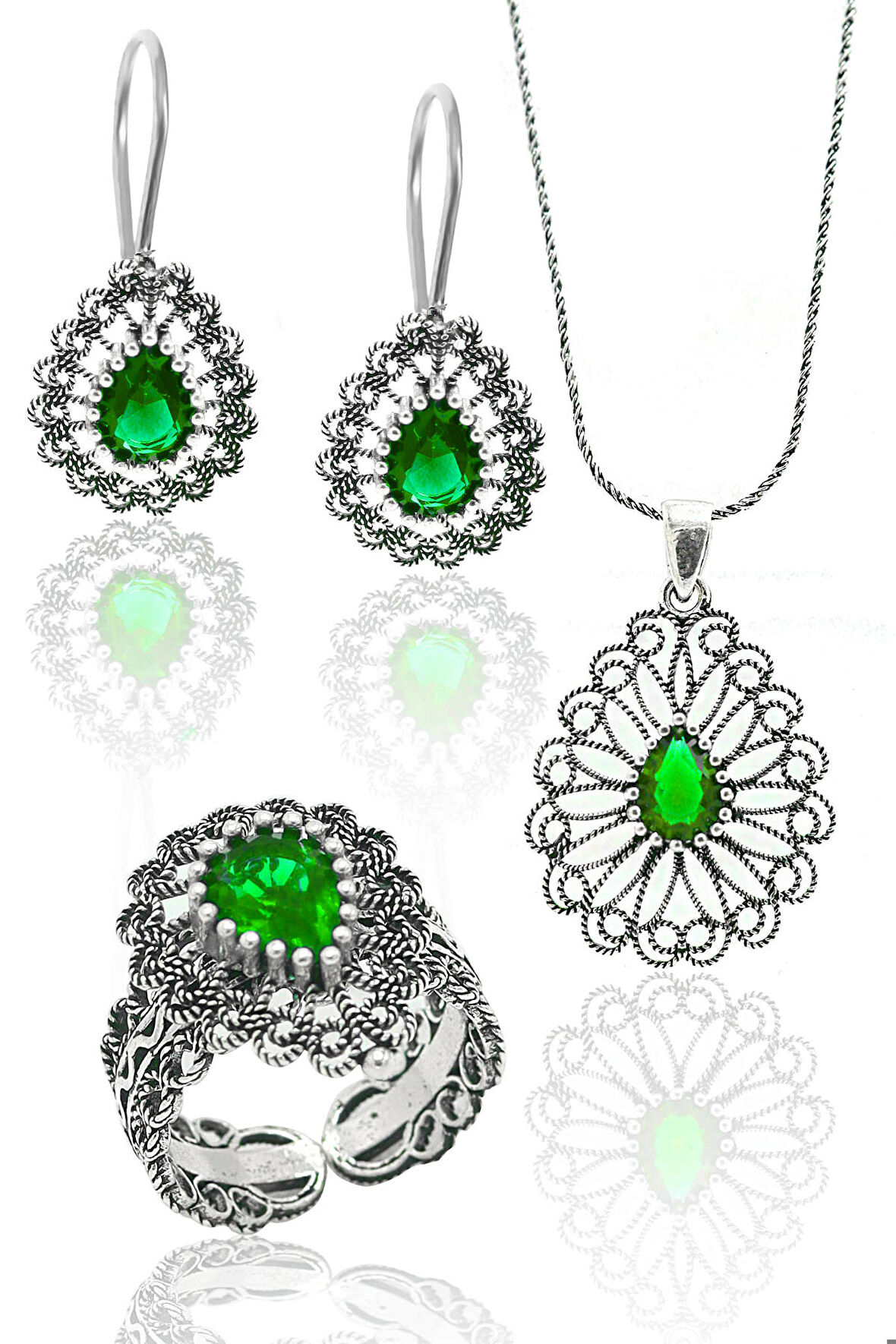 Zümrüt Taşlı Damla Model Kadın 925 Ayar Gümüş Telkari Üçlü Set 201023146
