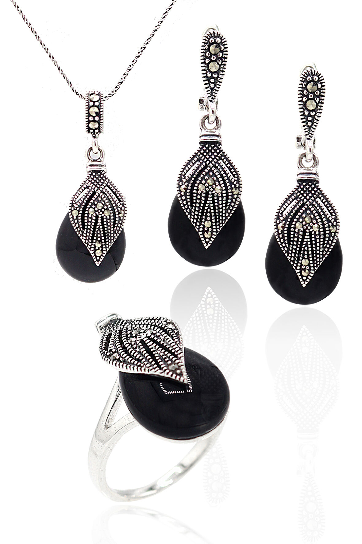 Oniks Taşlı Damla Model Markazit Gümüş Üçlü Takı Seti 201023285