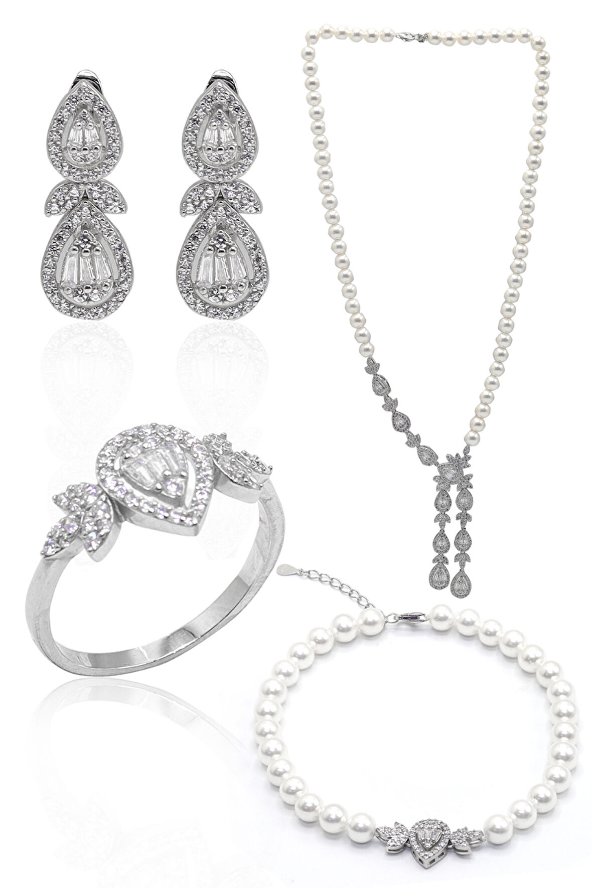 İnci Taşlı Damla Model 925 Ayar Gümüş Dörtlü Set 201023537