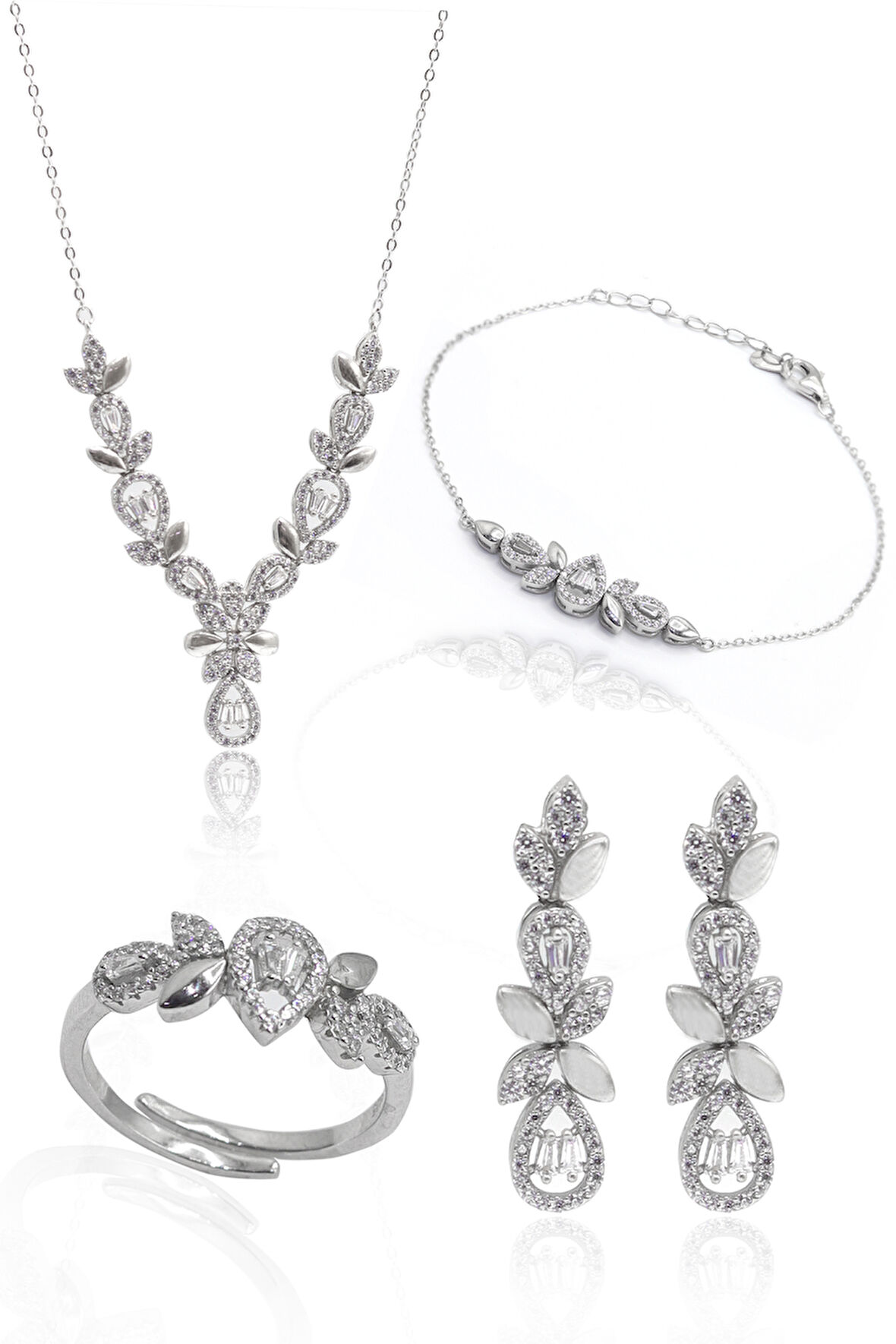 Zirkon Taşlı Damla Model 925 Ayar Gümüş Dörtlü Set 201023538