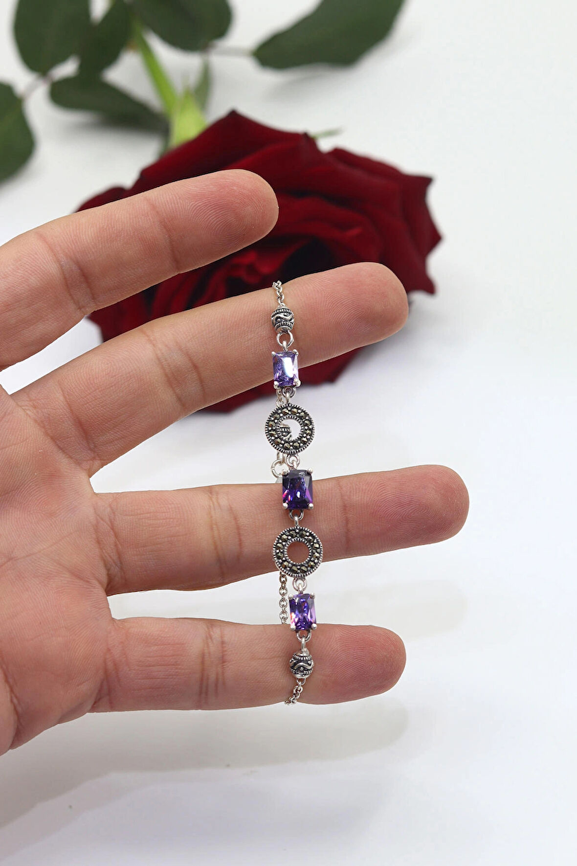 Ametist Taşlı Yuvarlak Model Markazit Kadın Gümüş Bileklik 201023647