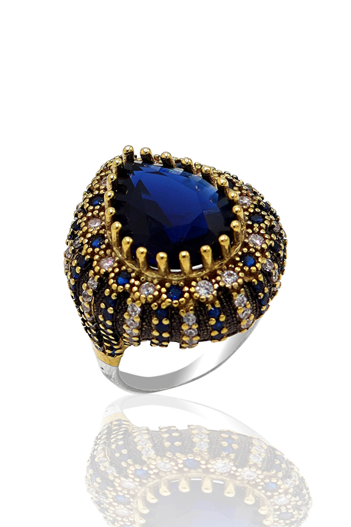 Safir Taşlı Oval Tasarım Zirkon Süsleme Otantik Gümüş Kadın Yüzük 201023762