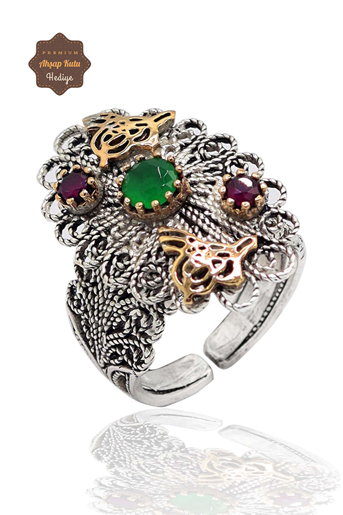 Yakut ve Zümrüt Taşlı Tuğra Model El işçiliği 925 Ayar Gümüş Telkari Yüzük 201023834