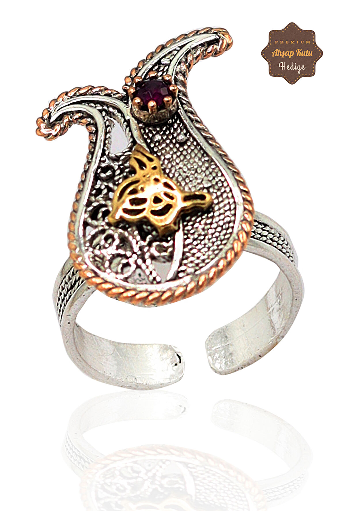 Yakut Taşlı Tuğra Model El işçiliği 925 Ayar Gümüş Telkari Yüzük 201023835