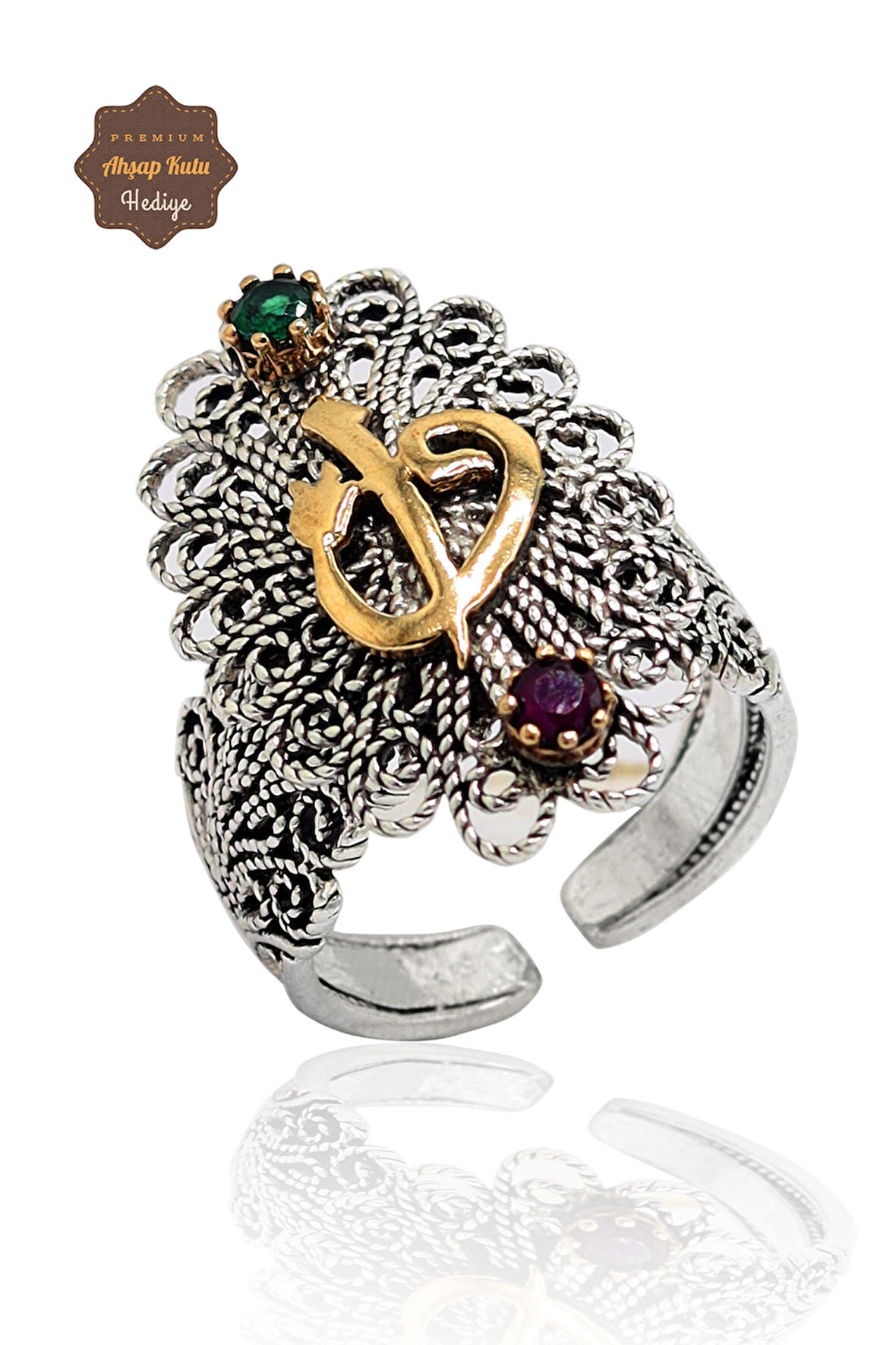 Zümrüt ve Yakut Taşlı Elif Vav Model El işçiliği 925 Ayar Gümüş Telkari Yüzük 201023853