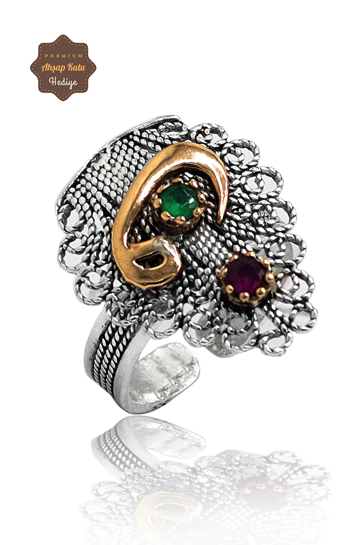 Yakut ve Zümrüt Taşlı Vav Model El işçiliği 925 Ayar Gümüş Telkari Yüzük 201023855