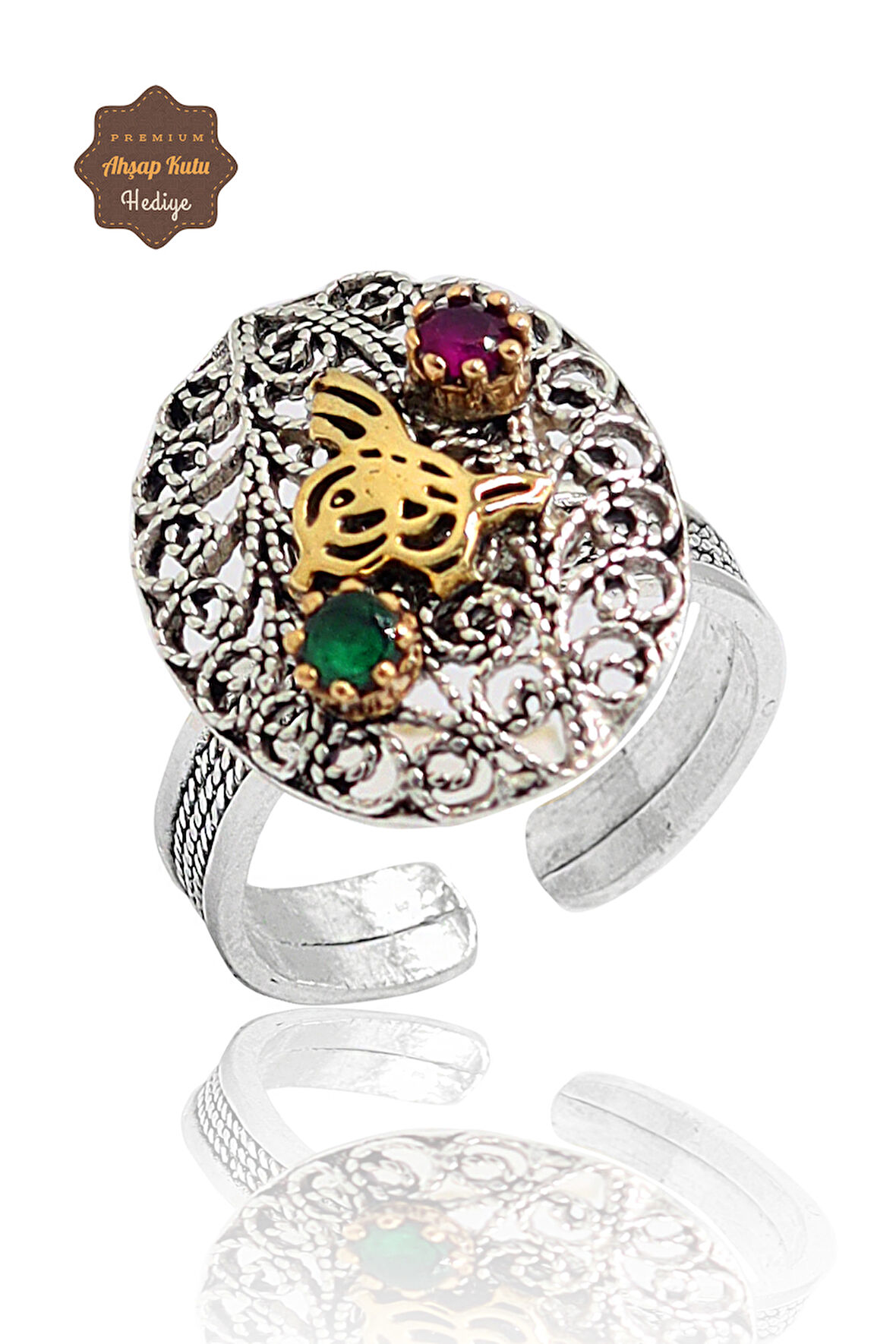 Yakut ve Zümrüt Taşlı Tuğra Model El işçiliği 925 Ayar Gümüş Telkari Yüzük 201023856
