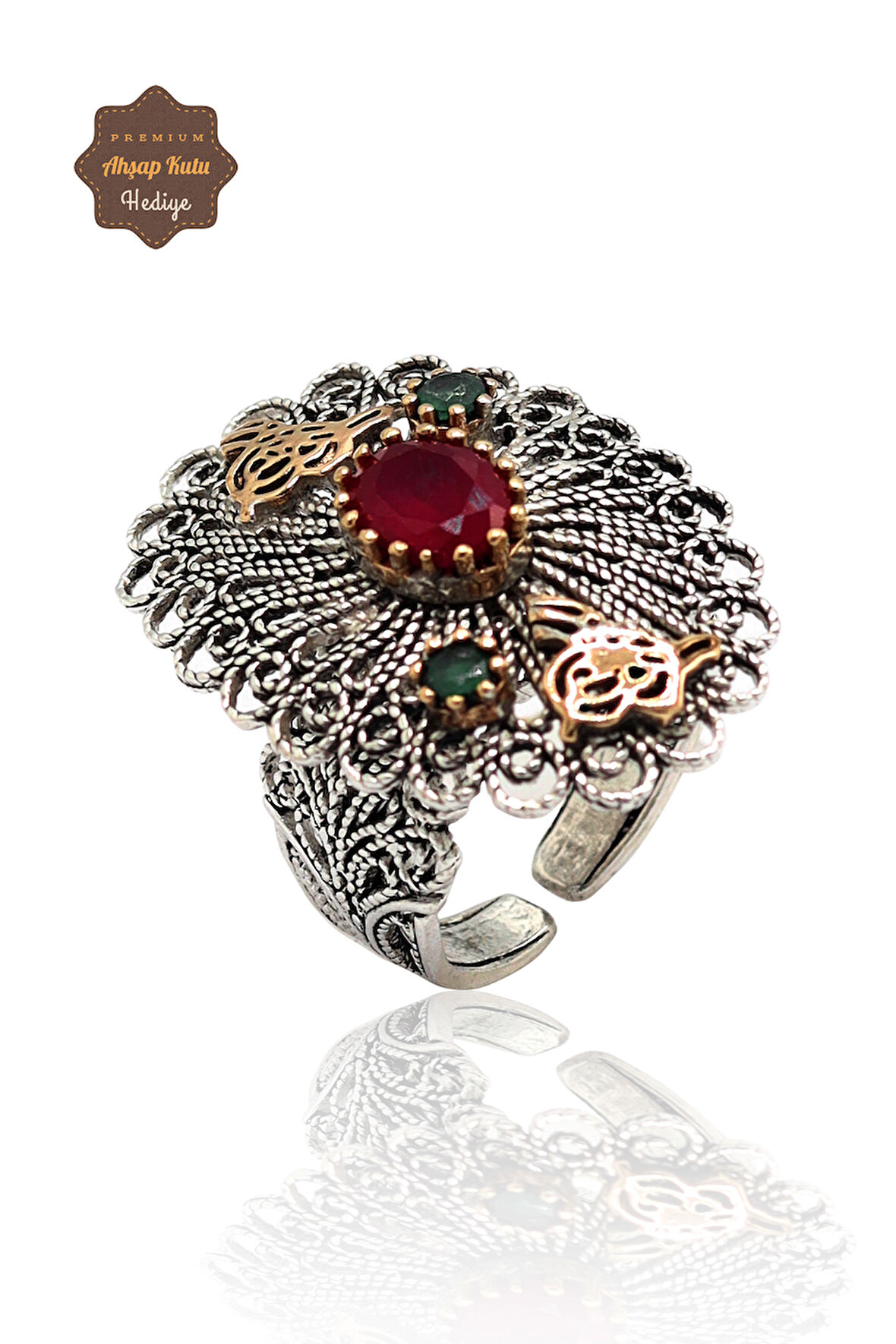 Yakut ve Zümrüt Taşlı Tuğra Model El işçiliği 925 Ayar Gümüş Telkari Yüzük 201023858