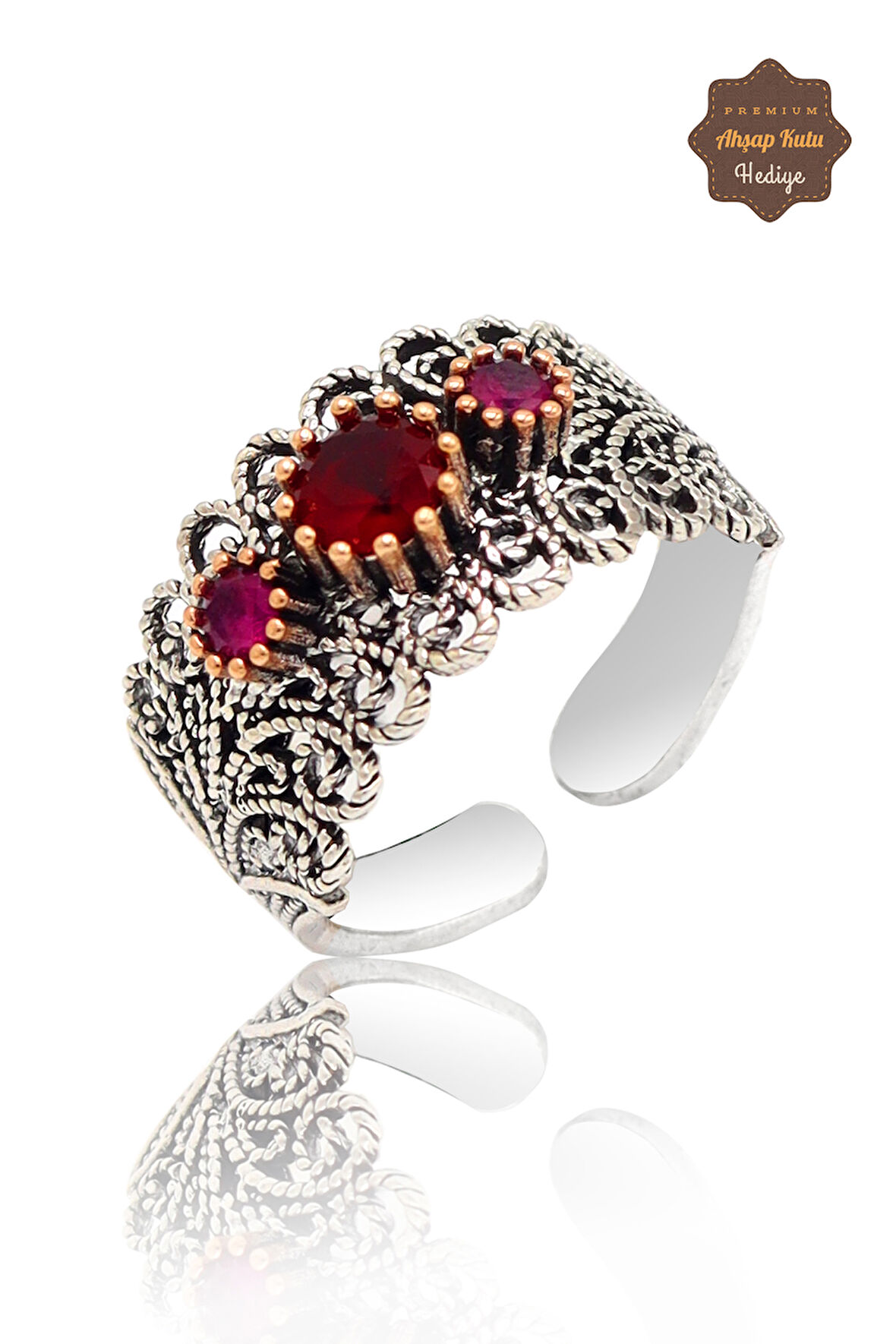 Yakut Taşlı Üç Taş Model El işçiliği 925 Ayar Gümüş Telkari Yüzük 201023859