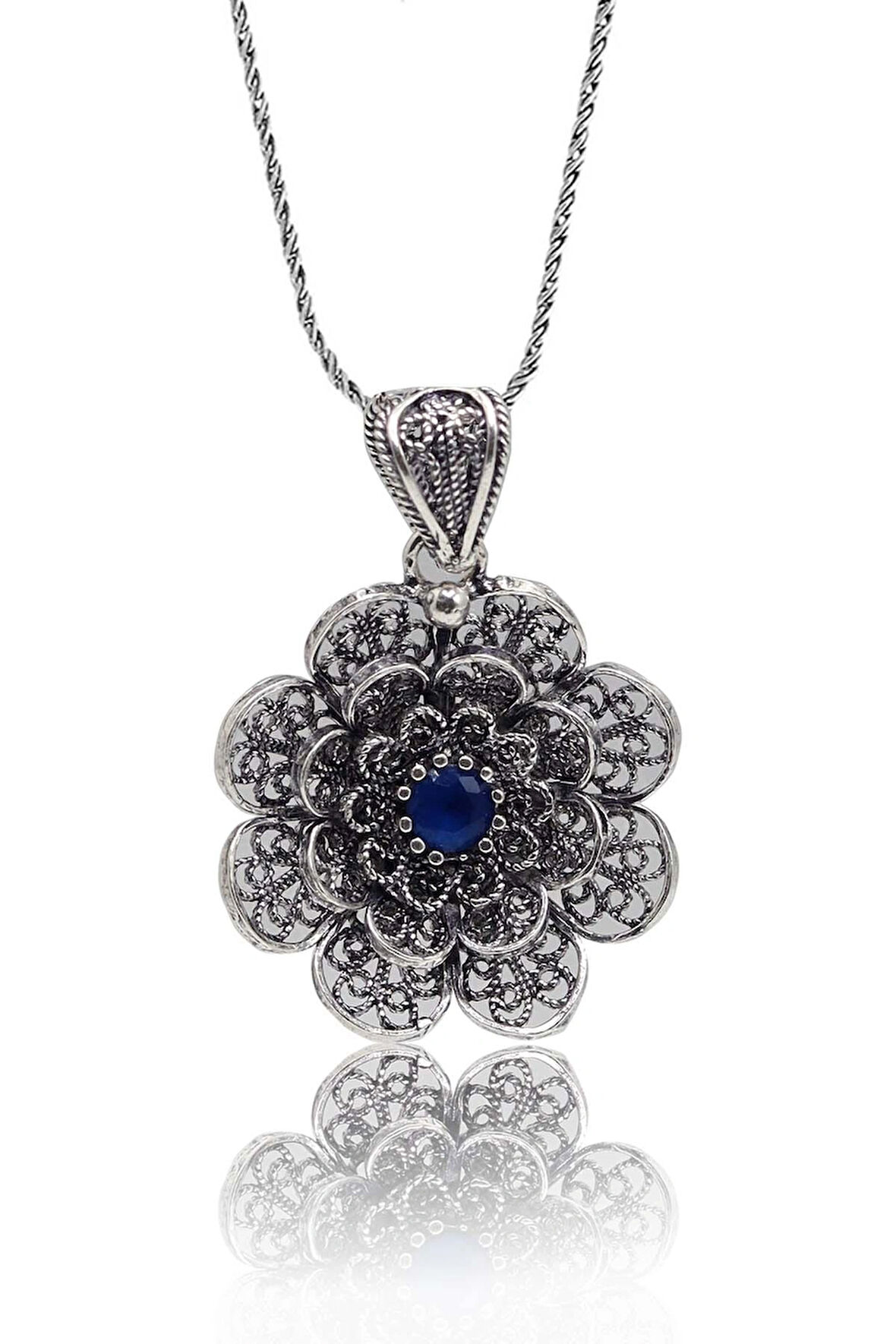 Safir Taşlı Çiçek Model Oksitli Telkari Kadın Gümüş Kolye 201023919