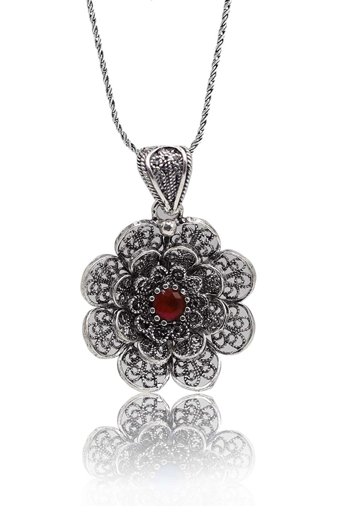 Yakut Taşlı Çiçek Model Oksitli Telkari Kadın Gümüş Kolye 201023920
