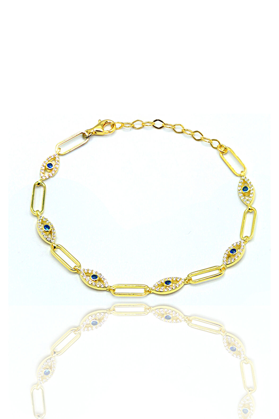 Safir Taşlı Göz Model  Gold Kaplama 925 Ayar Gümüş Kadın Bileklik 201023994