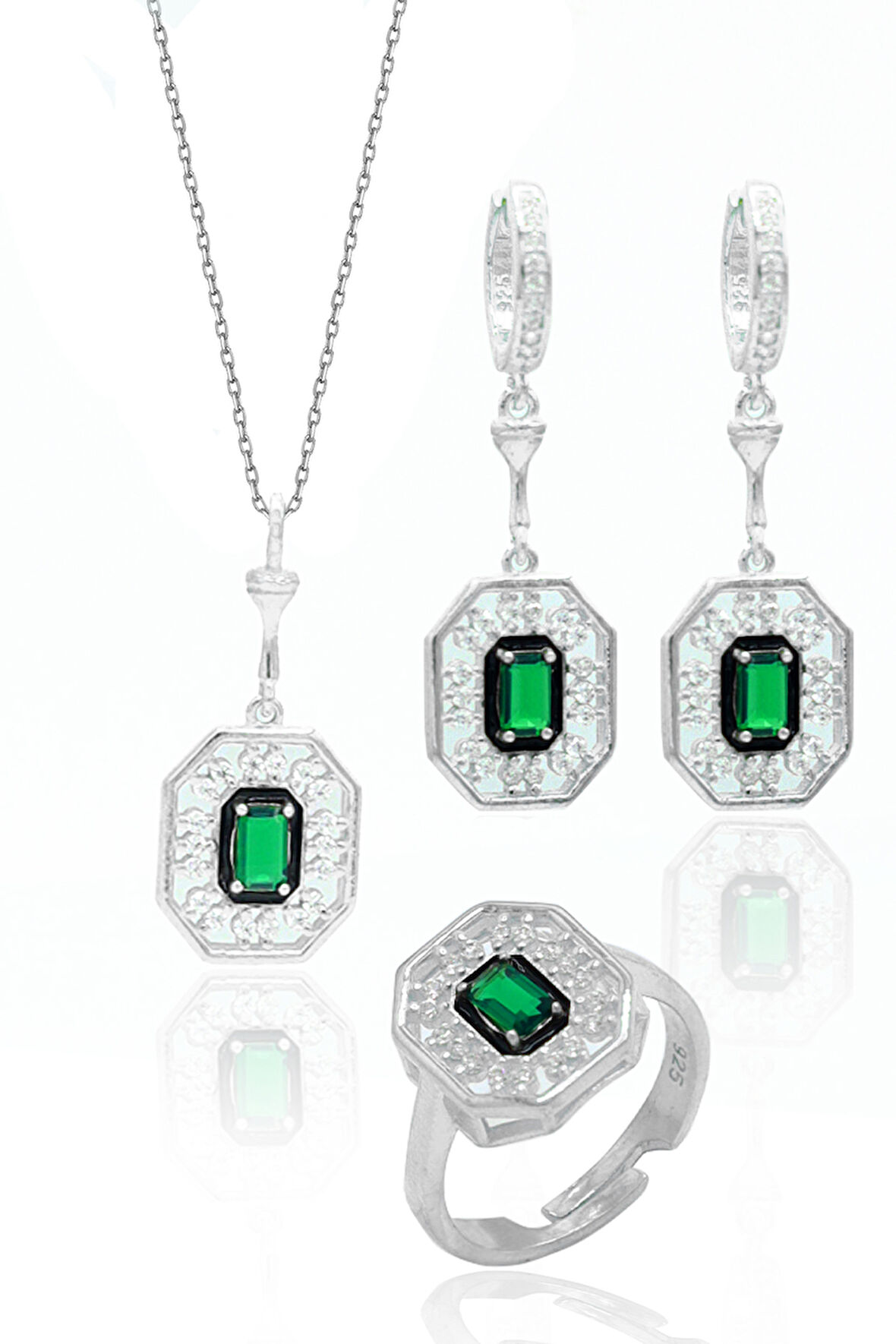 Zümrüt Taşlı Sekizgen Model 925 Ayar Gümüş Üçlü Set 201024002