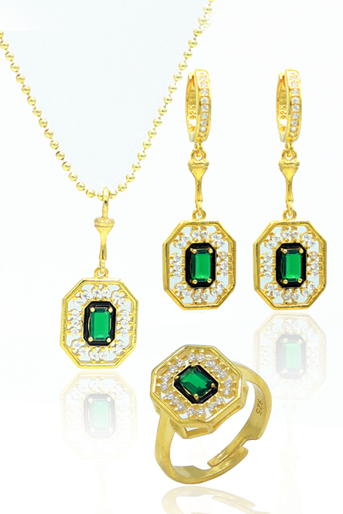 Zümrüt Taşlı Sekizgen Model Gold Kaplama 925 Ayar Gümüş Üçlü Set 201024003