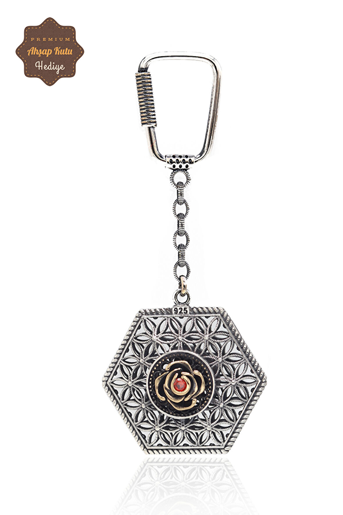 Yakut Taşlı Çiçek Model Telkari İşlemeli 925 Ayar Gümüş Anahtarlık 201024030