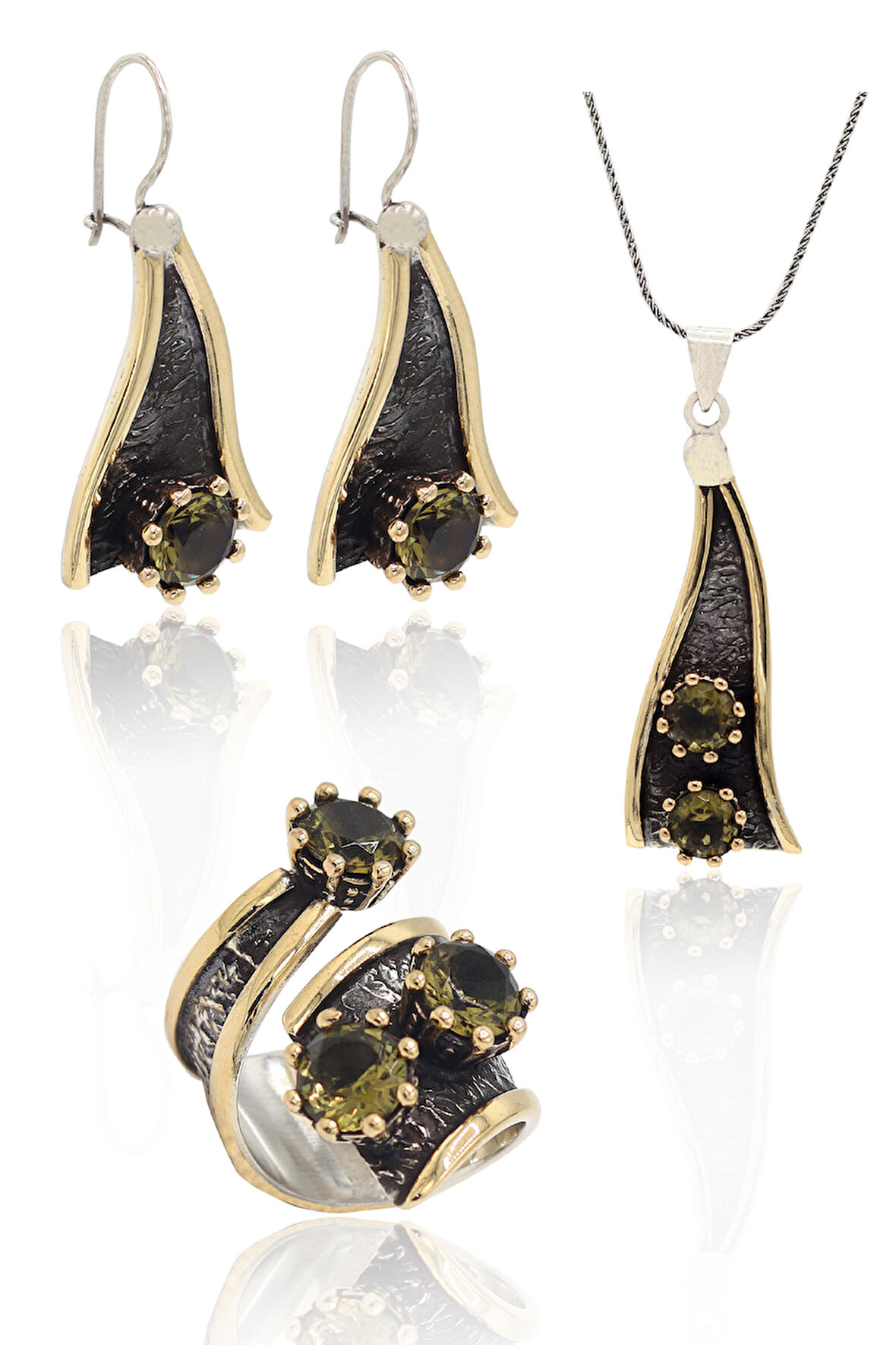 Zultanit Taşlı Sallantılı Model El işçiliği Otantik Gümüş Üçlü Set 201024123