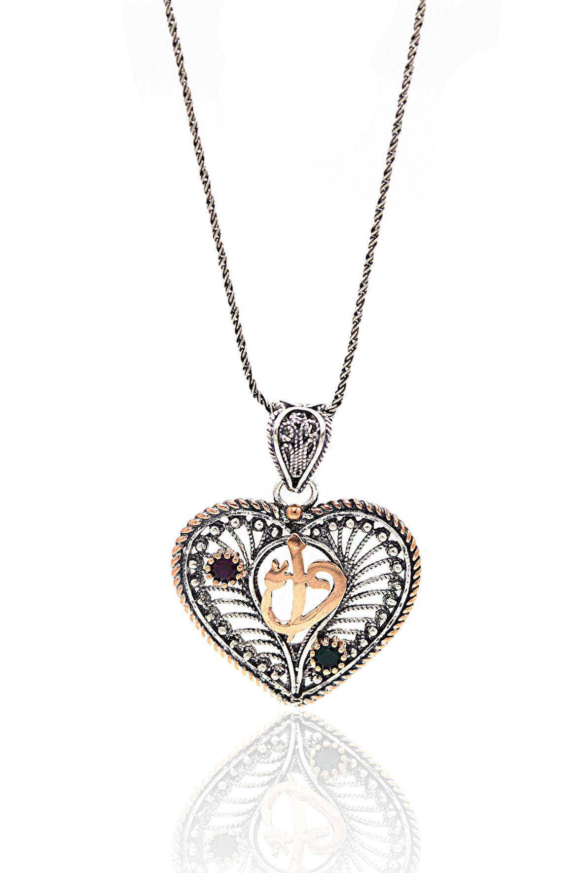 Yakut ve Zümrüt Taşlı Elif Vav Kalp Model Oksitli Telkari Gümüş Kadın Kolye 201024144