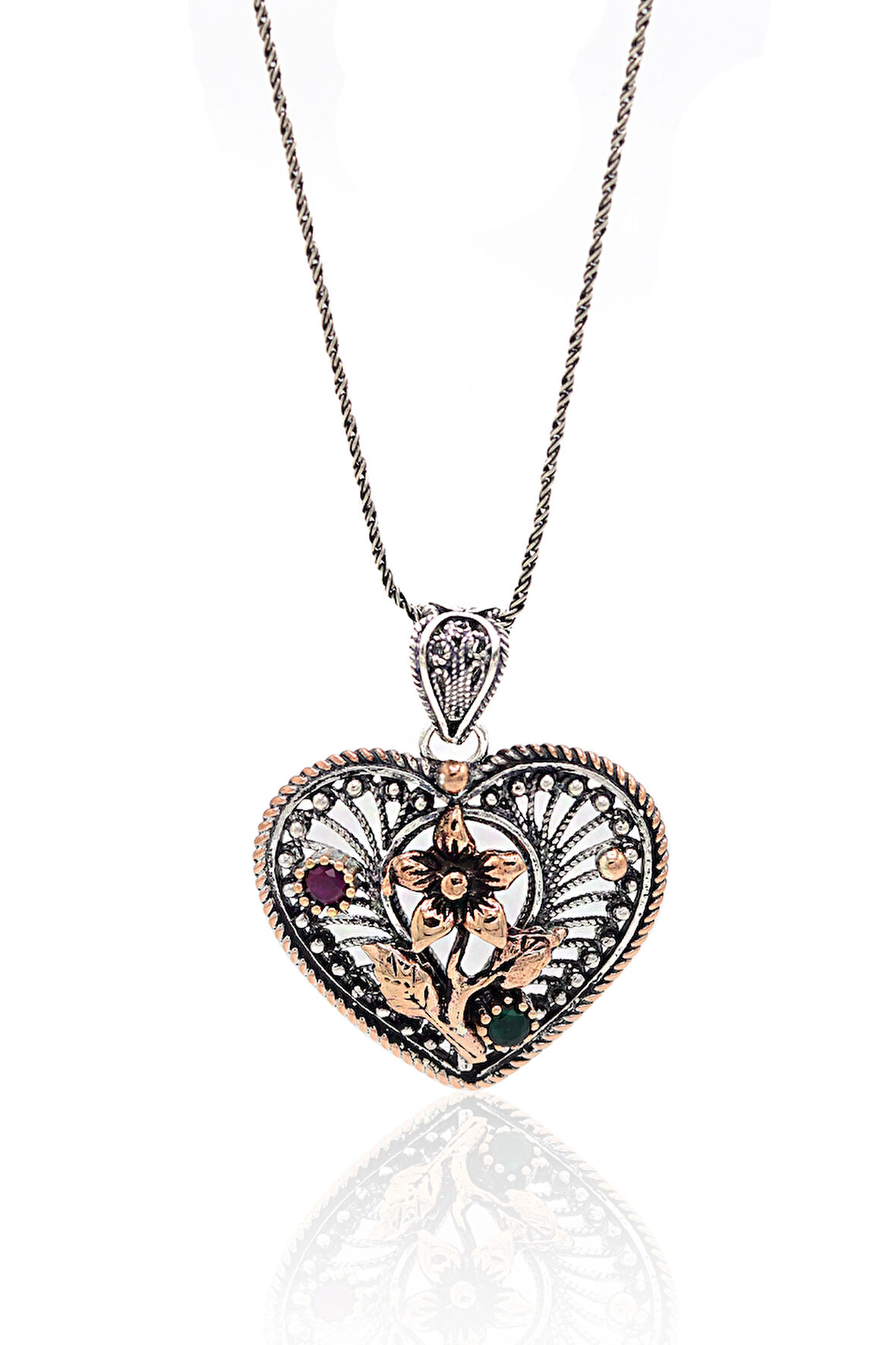 Yakut ve Zümrüt Taşlı Çiçekli Kalp Model Oksitli Telkari Gümüş Kadın Kolye 201024146