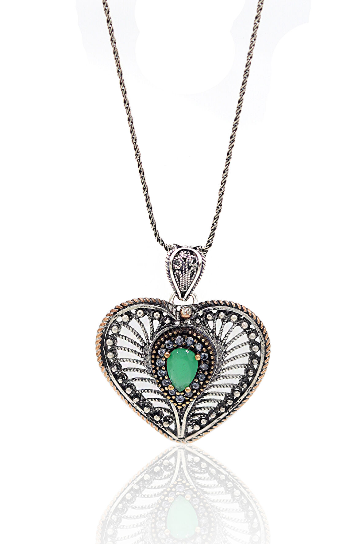 Zümrüt Taşlı Kalp Model Oksitli Telkari Gümüş Kadın Kolye 201024147