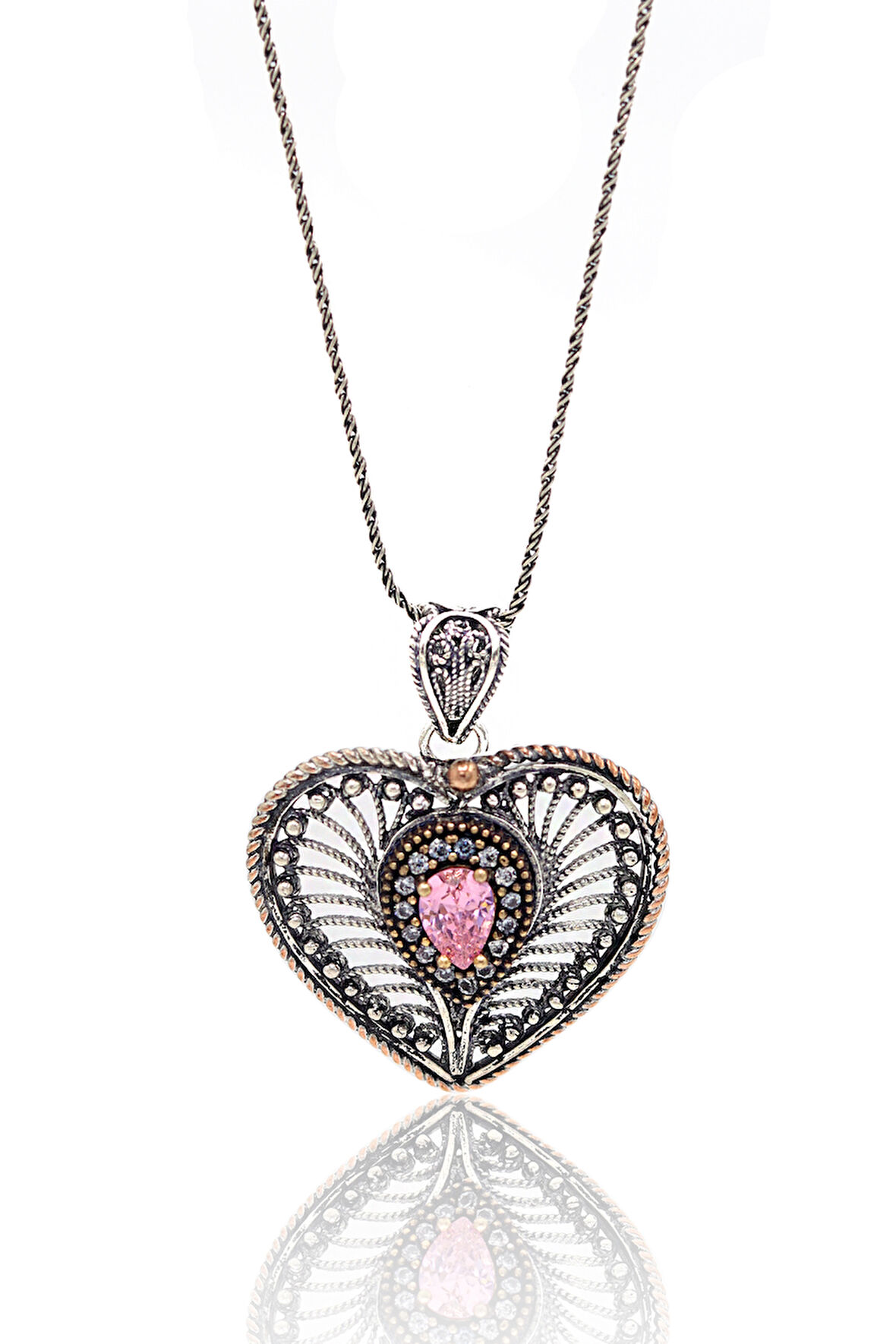 Pembe Kuvars Taşlı Kalp Model Oksitli Telkari Gümüş Kadın Kolye 201024149
