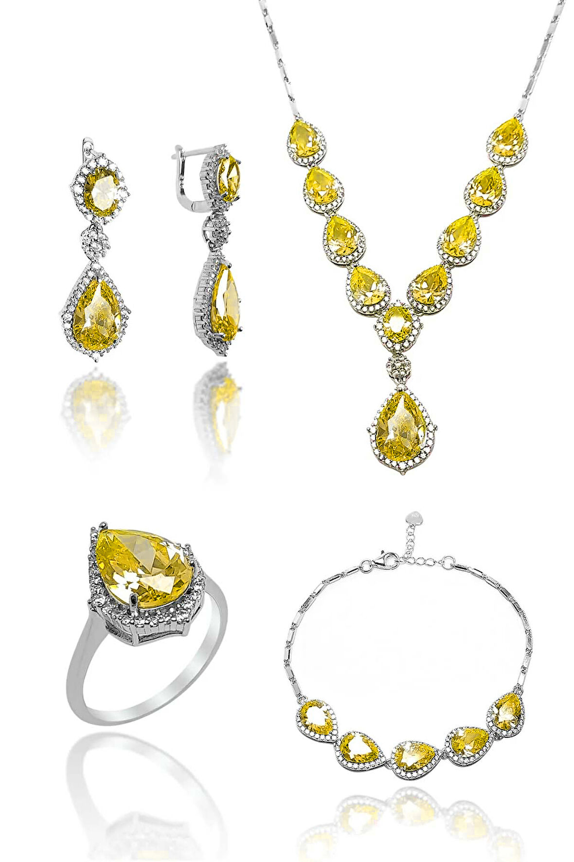 Şeffaf Sitrin Taşlı Damla Model 925 Ayar Gümüş Dörtlü Set 201024159