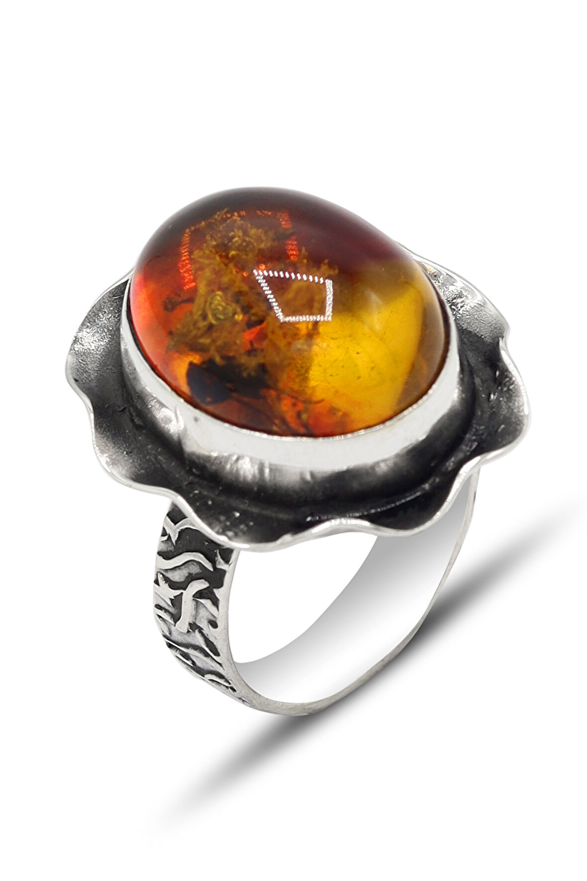 Fosilli Kehribar Taşlı El işi Otantik Gümüş Kadın Yüzük 201024160