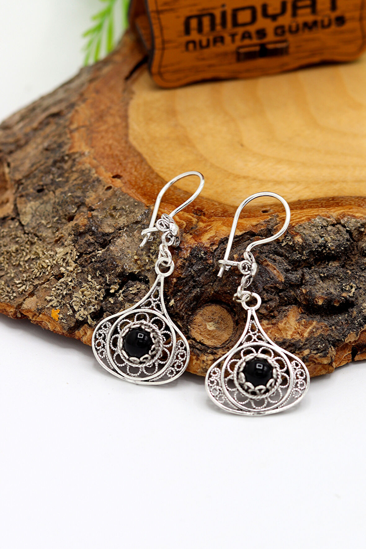 Oniks Taşlı Damla Model Oksitli Telkari Gümüş Kadın Küpe 201024198