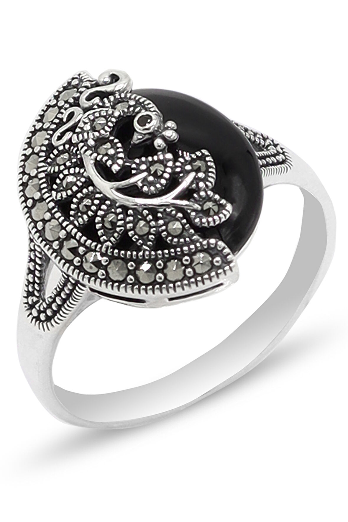 Oniks Taşlı Tavus Kuşu Model 925 Ayar Gümüş Markazit Kadın Yüzük 201024207