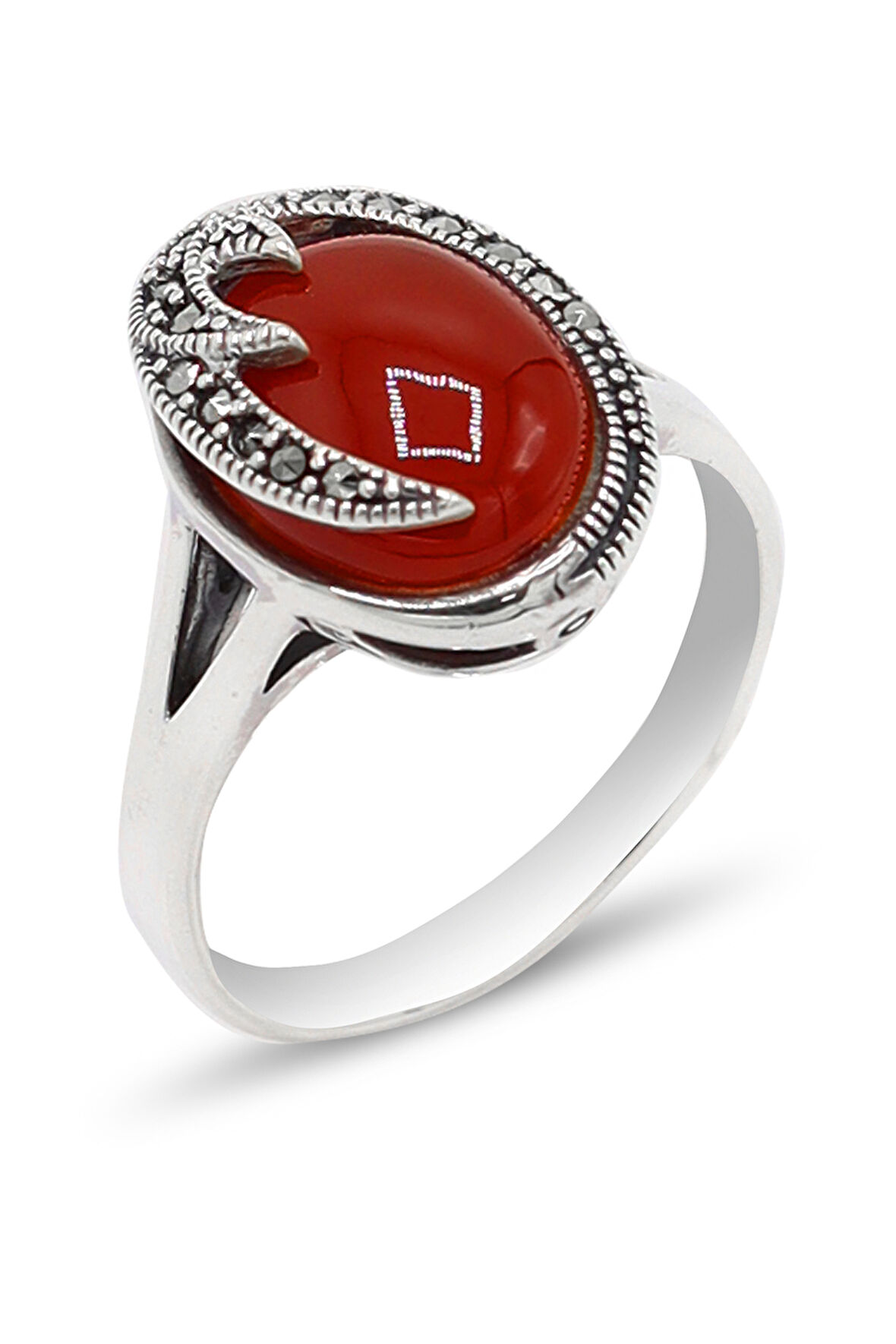 Akik Taşlı Şimşek Model 925 Ayar Gümüş Markazit Kadın Yüzük 201024215