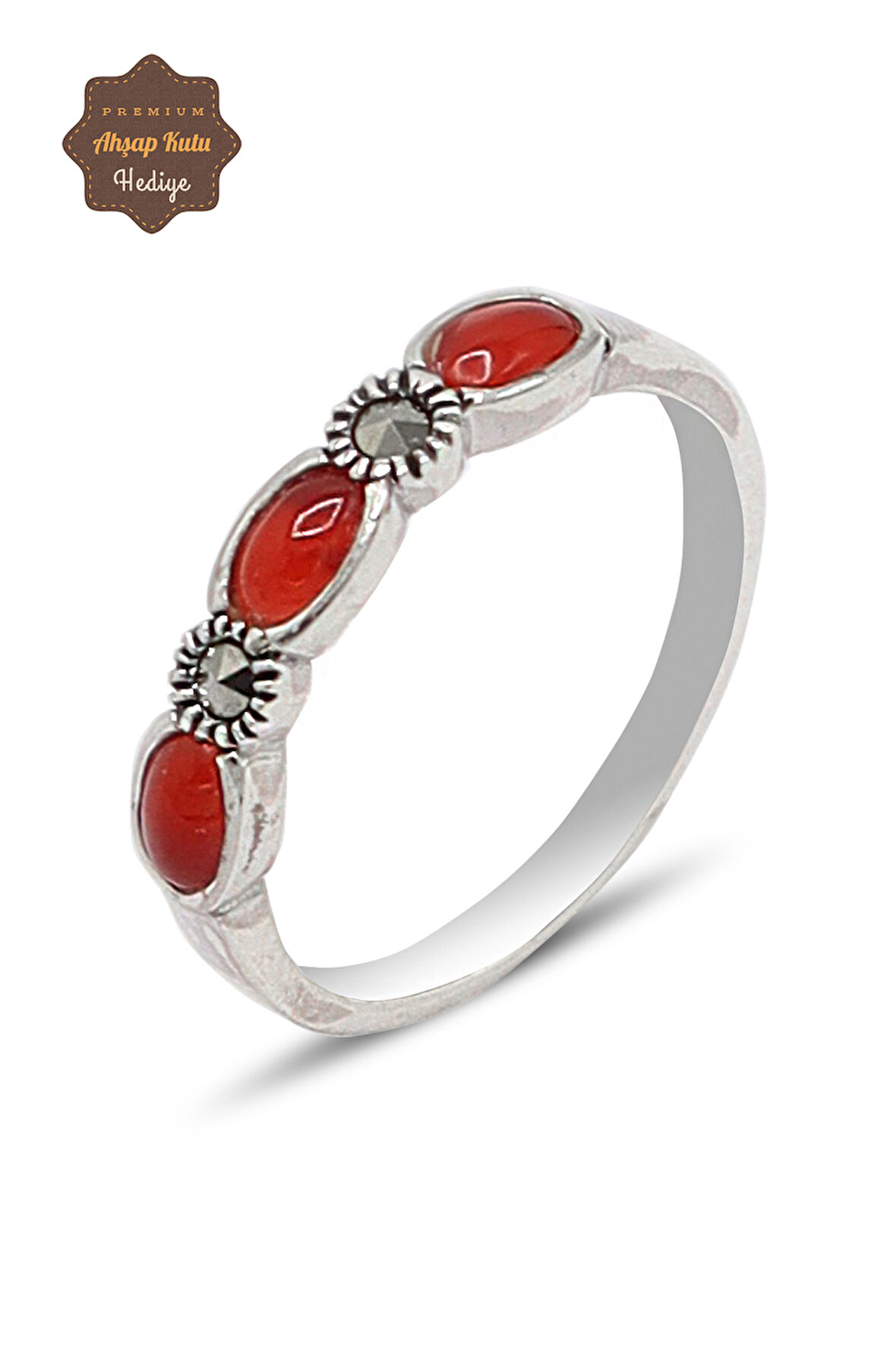 Akik Taşlı Üç Taş Model 925 Ayar Gümüş Markazit Kadın Yüzük 201024222