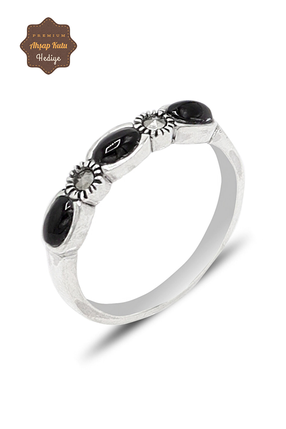 Oniks Taşlı Üç Taş Model 925 Ayar Gümüş Markazit Kadın Yüzük 201024223