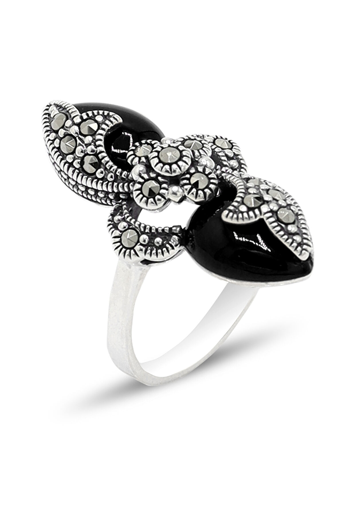 Oniks Taşlı Çiçek Model 925 Ayar Gümüş Markazit Kadın Yüzük 201024232