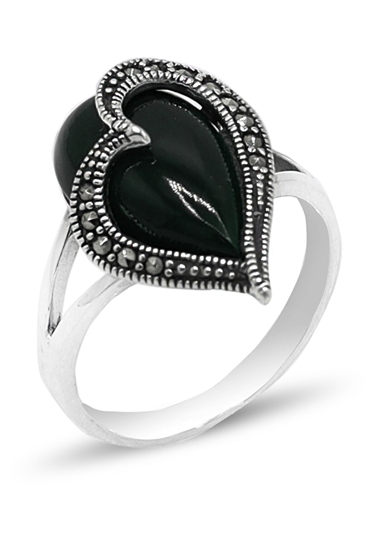 Oniks Taşlı Kalp Aşk Model 925 Ayar Gümüş Markazit Kadın Yüzük 201024237