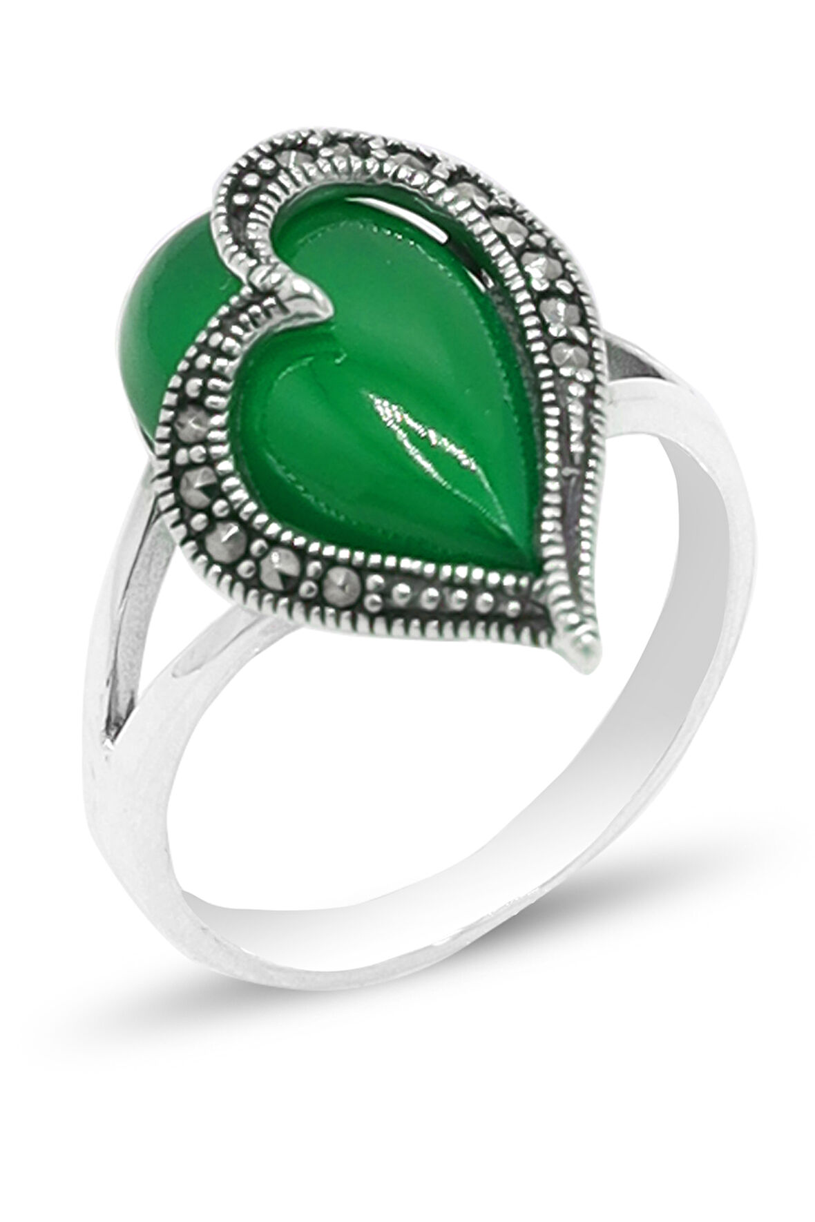 Zümrüt Taşlı Kalp Aşk Model 925 Ayar Gümüş Markazit Kadın Yüzük 201024238