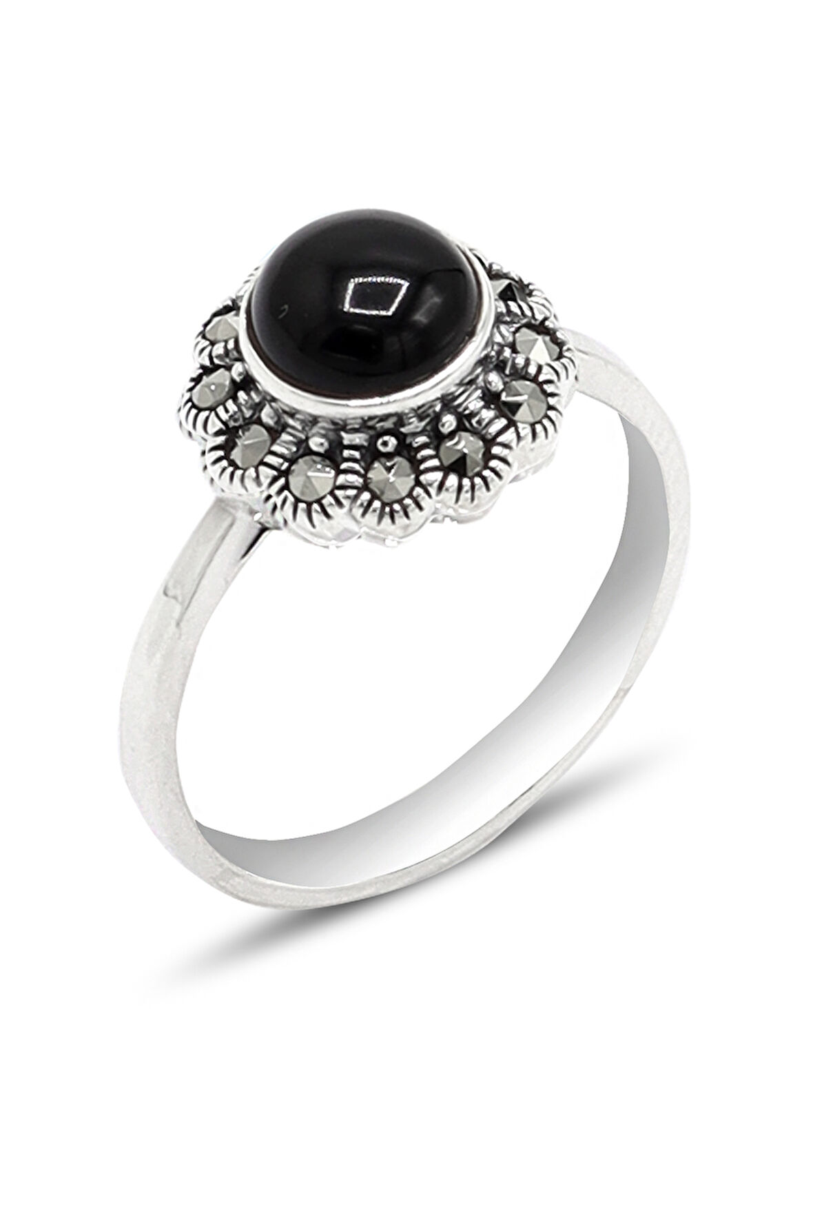 Oniks Taşlı Papatya Model 925 Ayar Gümüş Markazit Kadın Yüzük 201024243