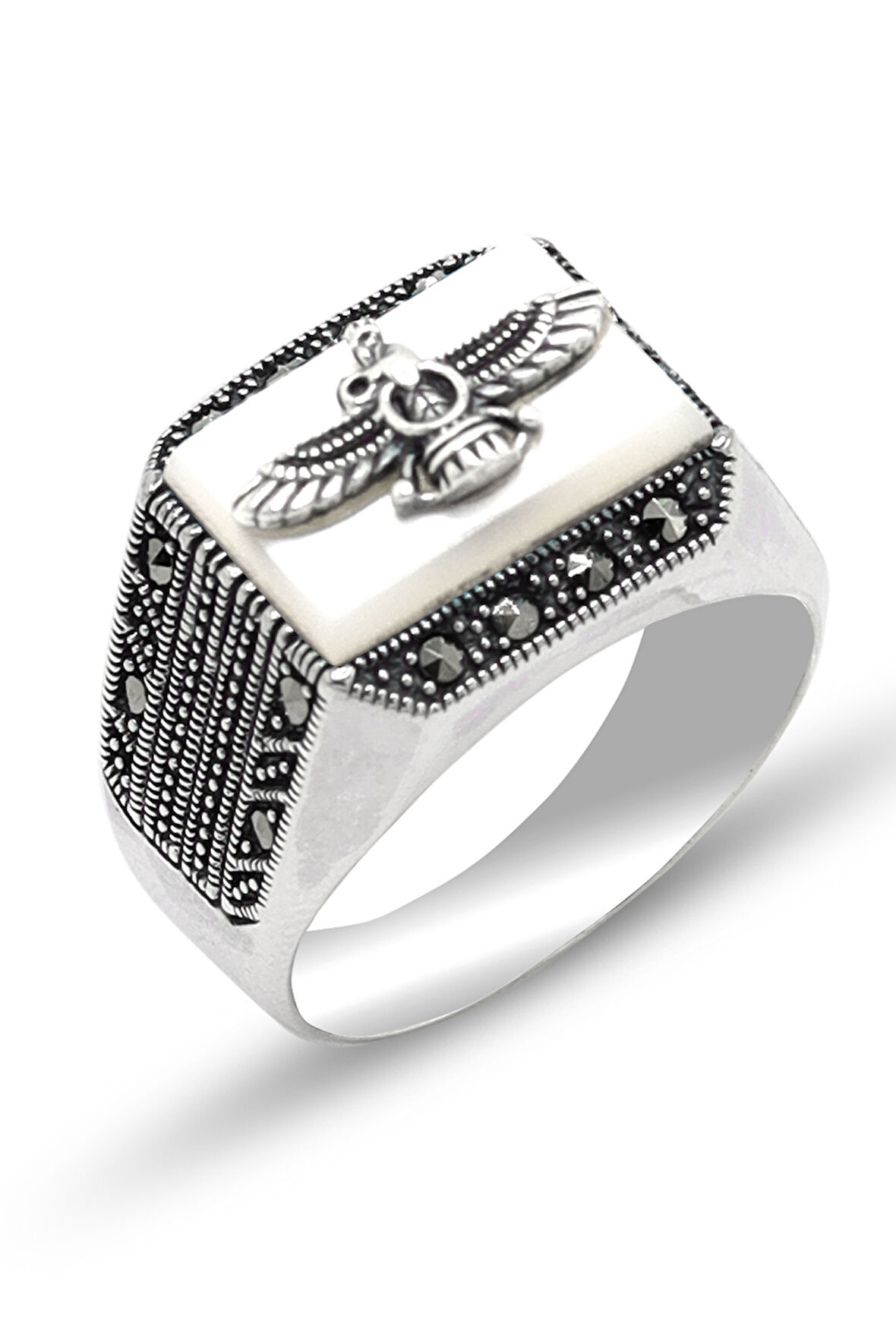 Sedef Taşlı Ahura Mazda Model 925 Ayar Gümüş Markazit Unisex Yüzük 201024246