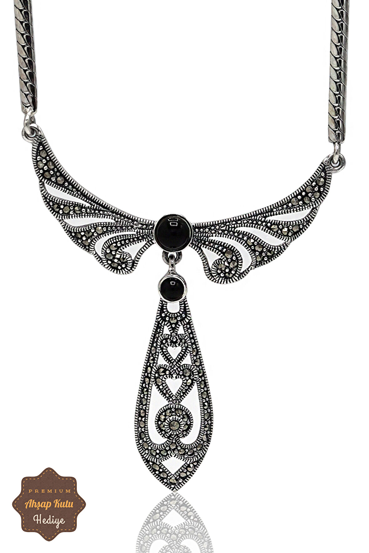 Oniks Taşlı Melek Kanat Model Markazit Taşlı Gümüş Kadın Gerdanlık 201024266