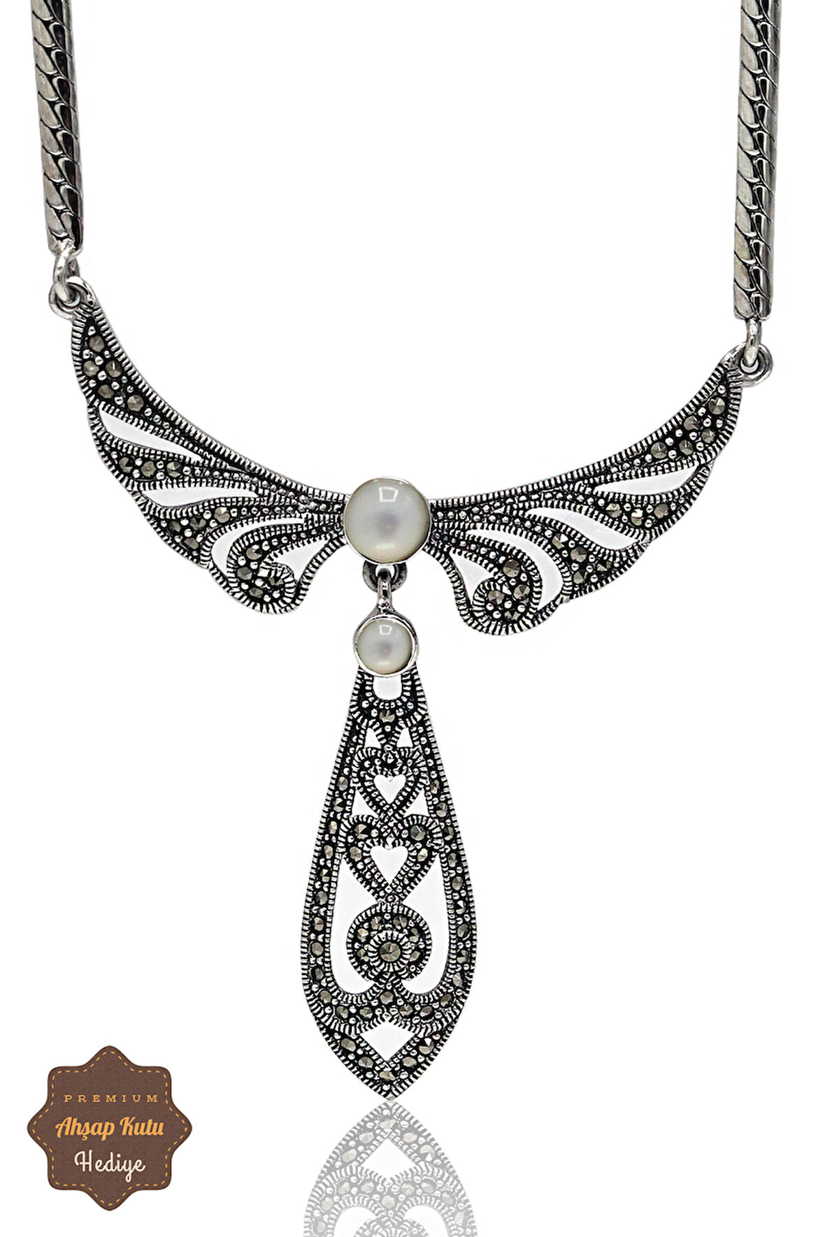 Sedef Taşlı Melek Kanat Model Markazit Taşlı Gümüş Kadın Gerdanlık 201024267