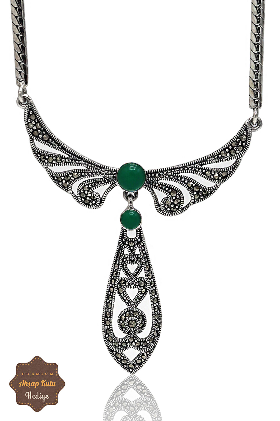 Zümrüt Taşlı Melek Kanat Model Markazit Taşlı Gümüş Kadın Gerdanlık 201024270