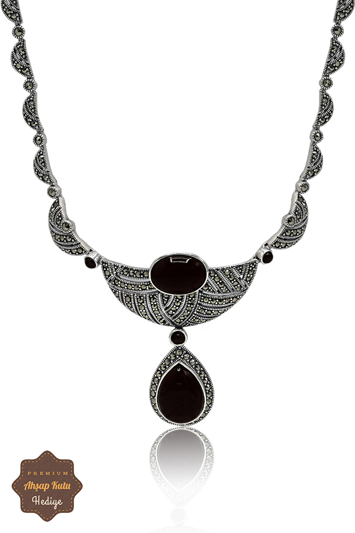 Oniks Taşlı Sallantılı Damla Model Markazit Taşlı Gümüş Kadın Gerdanlık 201024272