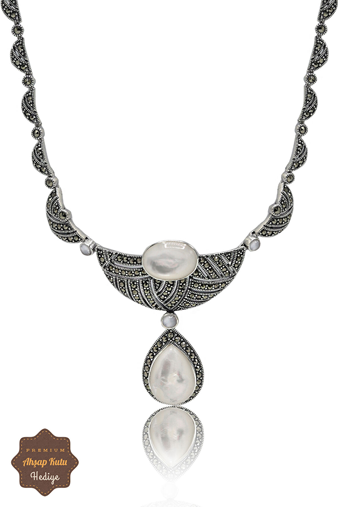 Sedef Taşlı Sallantılı Damla Model Markazit Taşlı Gümüş Kadın Gerdanlık 201024273