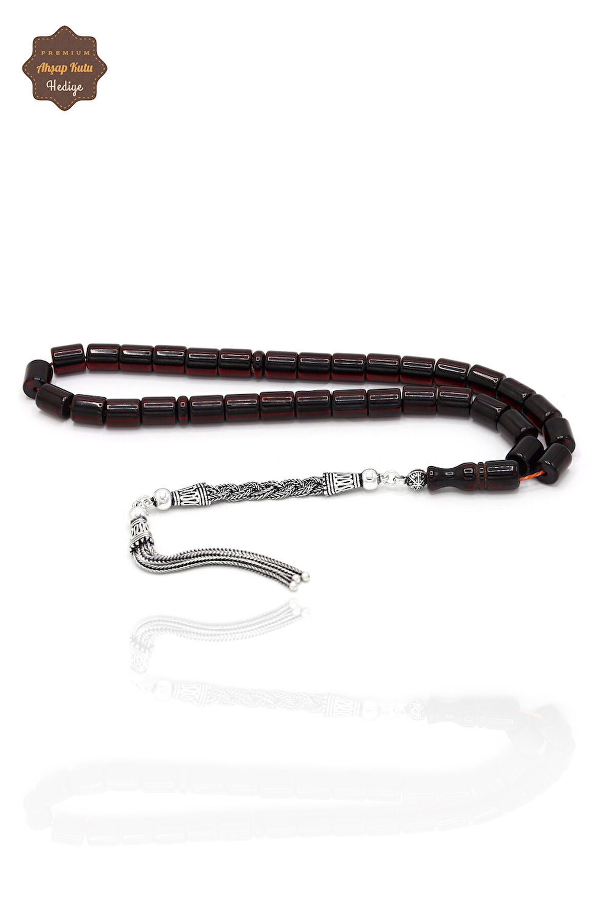 Koyu Kırmızı Renk Hareli Kapsül Kesim Gümüş Püsküllü Çubuk Tesbih 201024360