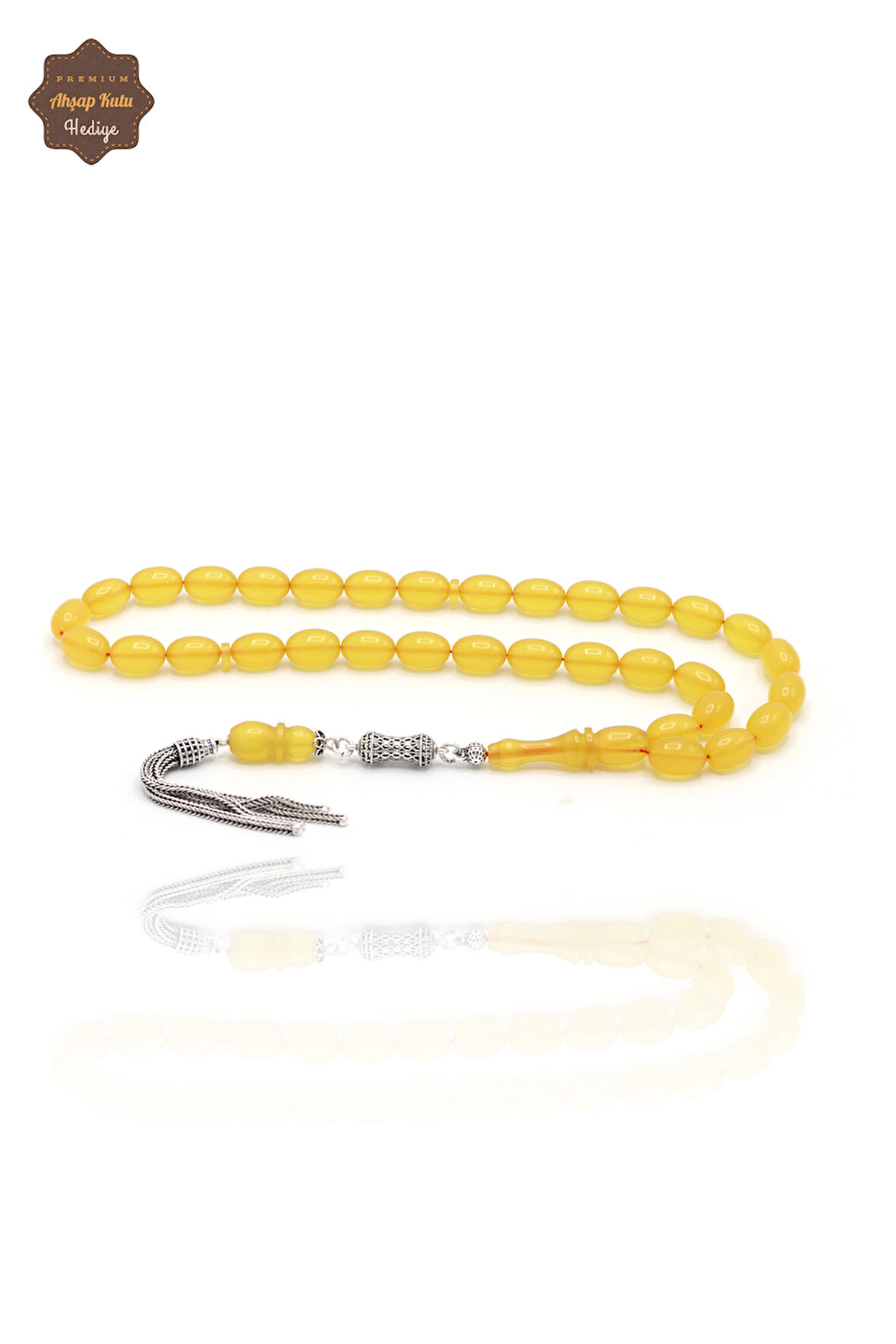 Sarı Arpa Kesim Üçlü Gümüş Püsküllü Sıkma Kehribar Tesbih 201024363