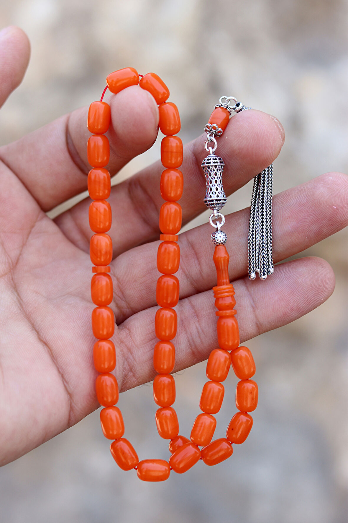 Turuncu Kapsül Kesim Gümüş Püsküllü Sıkma Kehribar Tesbih 201024413