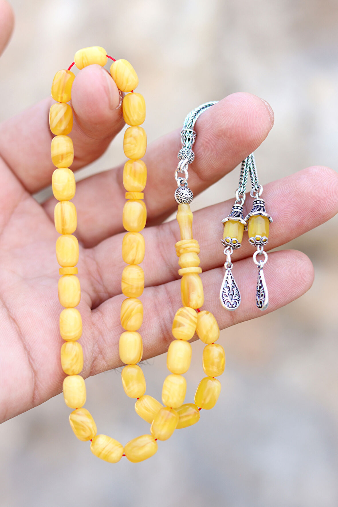 Hareli Sarı Kapsül Kesim 2'li Gümüş Püsküllü Sıkma Kehribar Tesbih 201024414